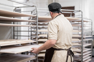 Fototapeta premium Baker placing tray with formed raw dough on rack trolley ready to bake in the oven. High quality photo