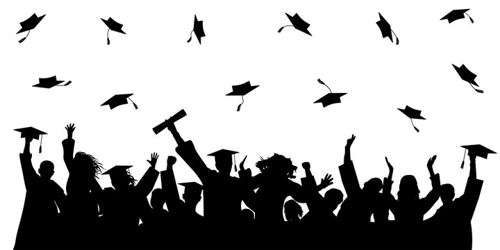 Cheerful graduate students with academic caps, silhouette. Graduation at university or college or school. Vector illustration.