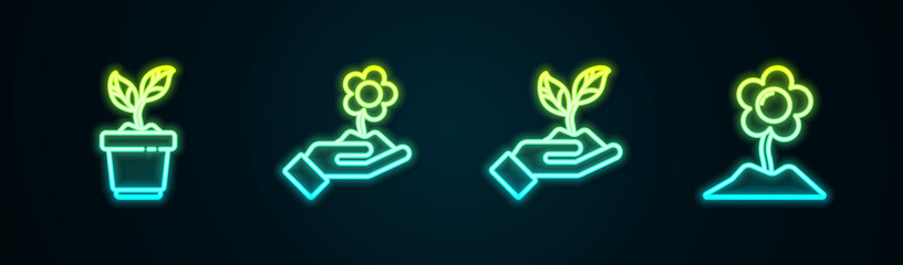 Set line Plant in pot, Hand holding flower, hand of environmental and Flower. Glowing neon icon. Vector