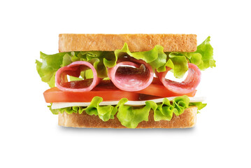 Sandwich with sausage, cheese and tomato on a white isolated background