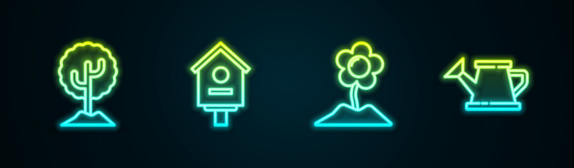 Set line Tree, Bird house, Flower and Watering can. Glowing neon icon. Vector