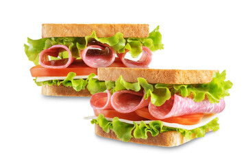 Sandwich with sausage, cheese and tomato on a white isolated background