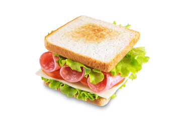 Sandwich with sausage, cheese and tomato on a white isolated background