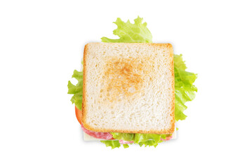 Sandwich with sausage, cheese and tomato on a white isolated background