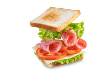Sandwich with sausage, cheese and tomato on a white isolated background