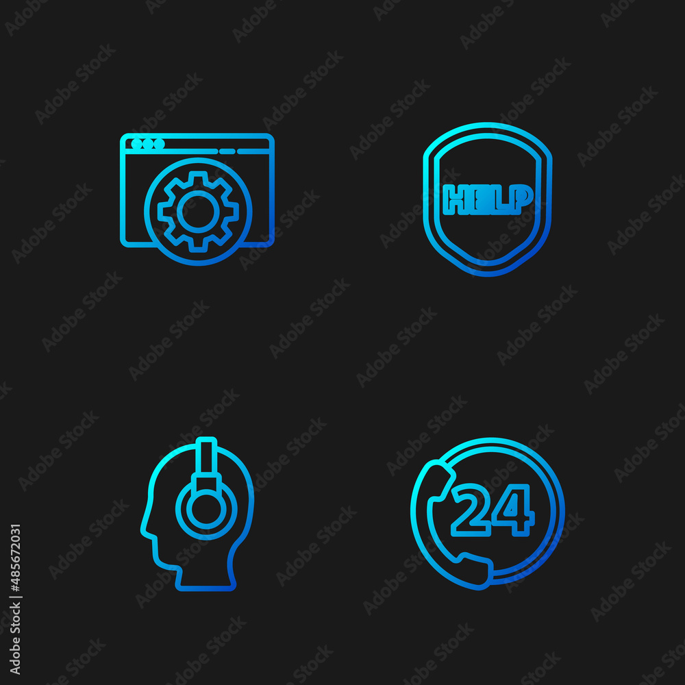 Poster set line telephone 24 hours support, support operator in touch, browser setting and shield with text