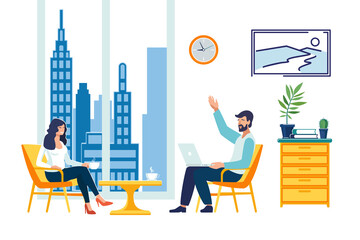Business work in the office of a man and a girl at the computer. City outside the window. Teamwork. Flat style cartoon. Education, businessman, business people, Interior, clock. Vector illustration