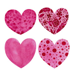 Watercolor set of hearts isolated on a white background. Hand-drawn collection of pink hearts for your design. Hearts clipart for card, gift, wedding etc