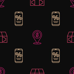 Set line Stacks paper money cash, Percent discount and mobile and Cash location on seamless pattern. Vector