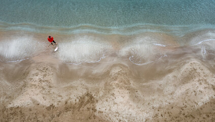 Obraz premium Aerial drone view of dog and woman playing at empty sandy beach with golden sand