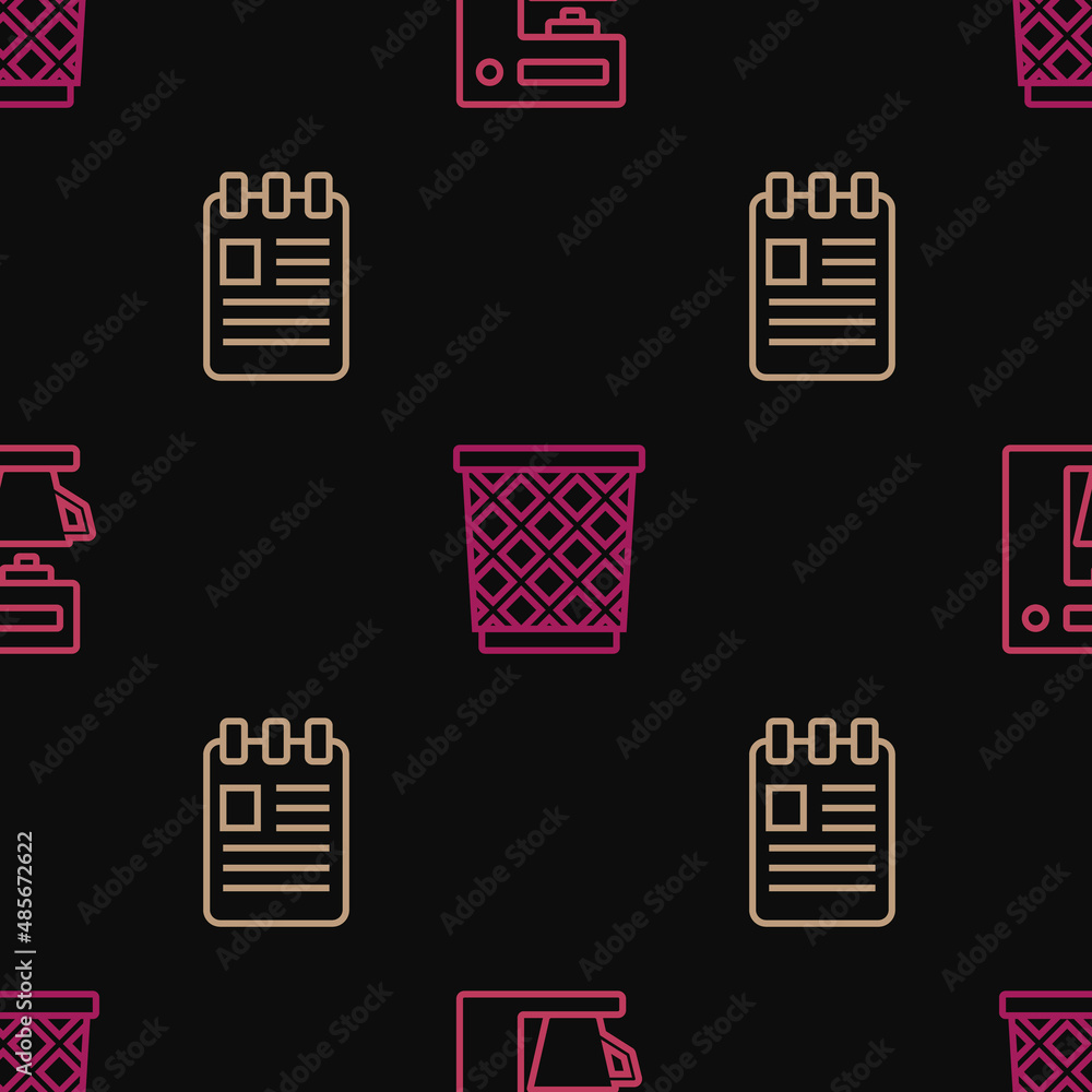 Poster set line coffee machine, spiral notebook and trash can on seamless pattern. vector