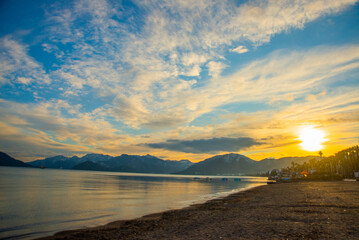 MARMARIS, TURKEY: View from Marmaris beach to the sea and mountains in the snow in winter.