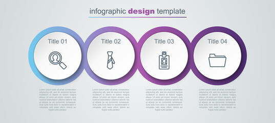 Set line Magnifying glass for search people, Tie, Identification badge and Document folder. Business infographic template. Vector