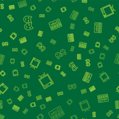 Set line Comedy and tragedy masks, Retro tv and Movie clapper on seamless pattern. Vector