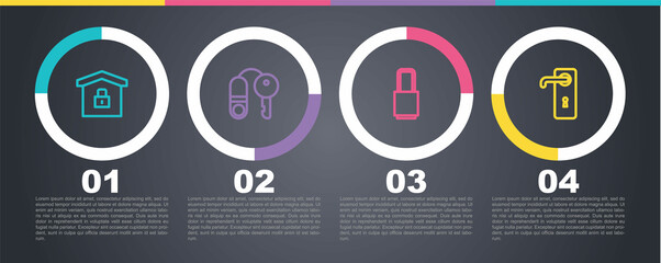 Set line House under protection, with key, Lock and Door handle. Business infographic template. Vector