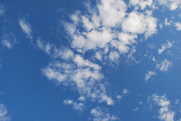 A small white cloud in a clear blue sky. Small cumulus clouds float across the light blue sky. They form a small group next to each other. Clouds of various shapes and sizes.