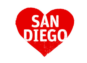 Red grunge Heart stamp. I love SAN DIEGO. Vector outline Illustration.  