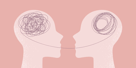 Metaphorical illustration of two silhouettes of human heads with a thread between them. Therapist and patient. The concept of a psychotherapeutic session.