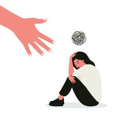 Vector illustration of a hand helps helping a depressed woman. The concept of psychological support for people under stress and apathy.