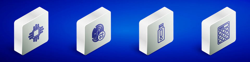 Set Isometric line Processor with microcircuits CPU, Cancelled fingerprint, USB flash drive and Password protection icon. Vector