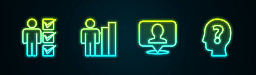 Set line User of man in business suit, Productive human, Location with person and Head question mark. Glowing neon icon. Vector