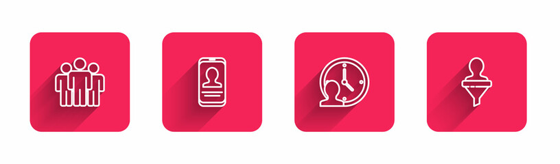 Set line Users group, Mobile with resume, Time Management and Head hunting with long shadow. Red square button. Vector