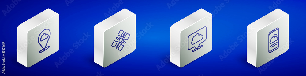 Poster set isometric line location cloud, snowflake, and weather forecast icon. vector