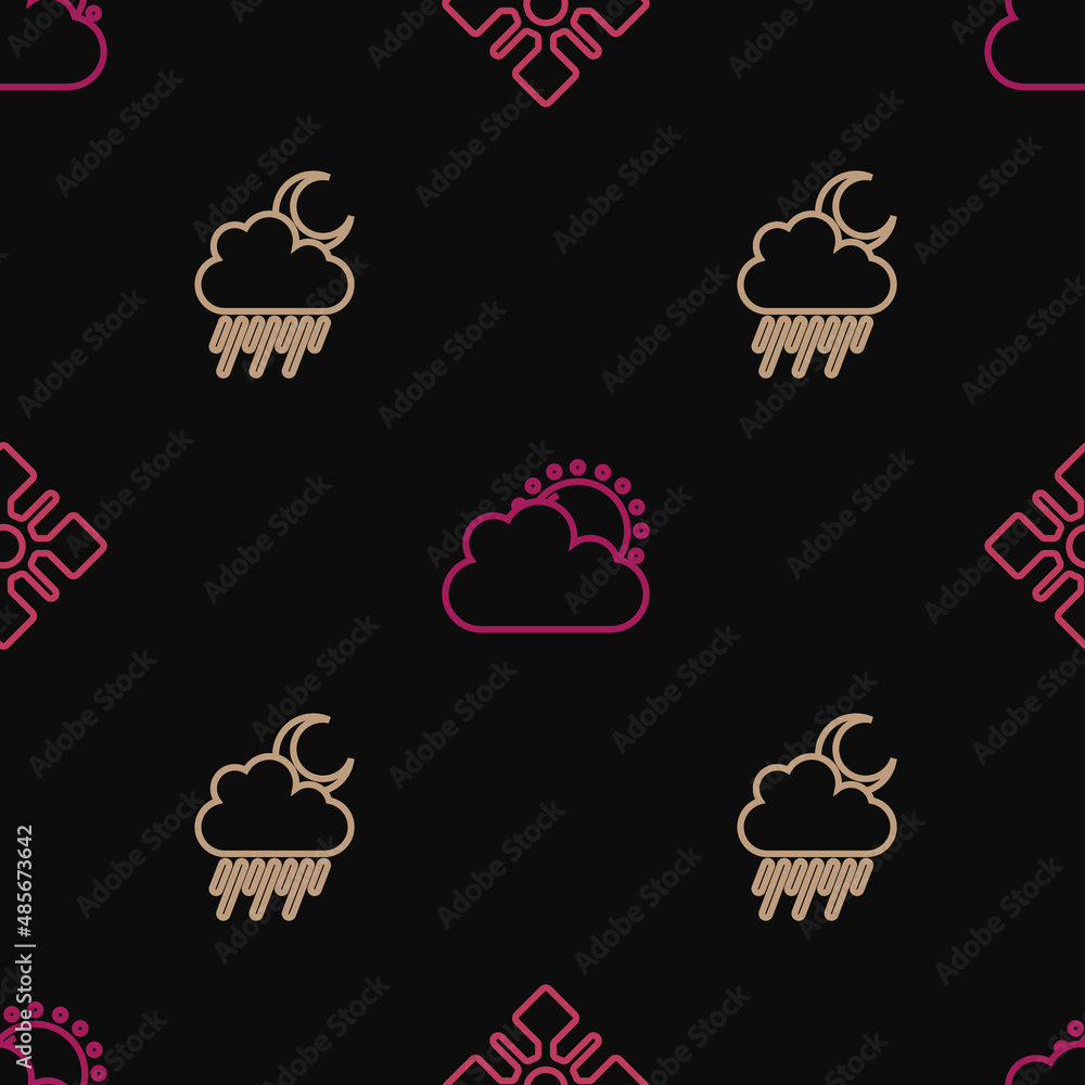 Poster set line snowflake, cloud with rain and moon and sun cloud weather on seamless pattern. vector
