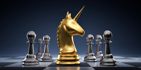 Golden chess piece unicorn with silver pawns on chessboard   © peterschreiber.media