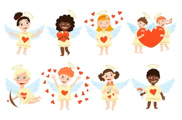 Collection of babies cupid angels. Boy and girls with wings. Cartoon style. Cute and funny. Valentine s Day. Red hearts. Yellow dress. Love and romance. For nursery, greeting cards, poster or print