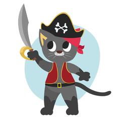 Pirate cat holding saber. Anthropomorphic animal in flat style
