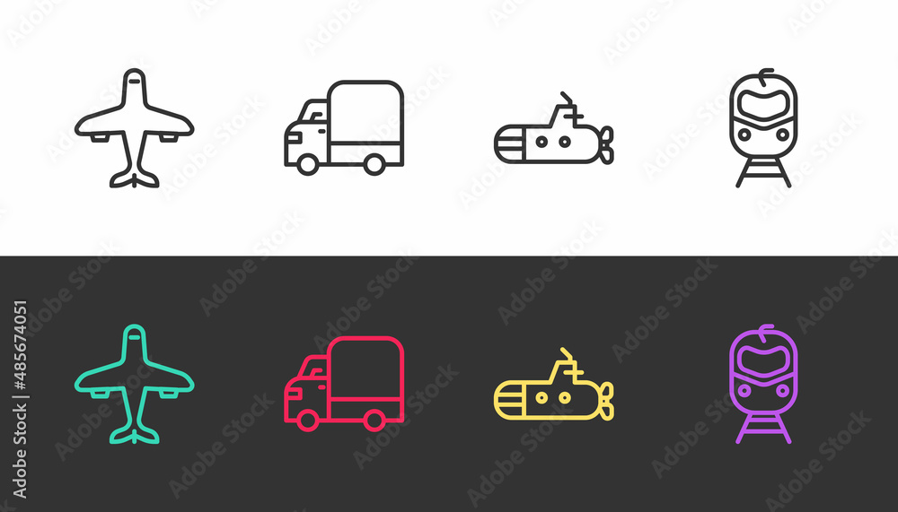 Sticker Set line Plane, Delivery cargo truck, Submarine and Train and railway on black and white. Vector