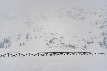 Winter Landscape Snow covered larch trees on a slope against the mountains