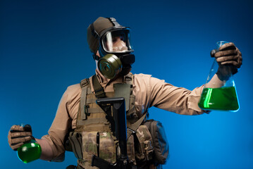 a man in military clothes and a gas mask with laboratory chemical flasks