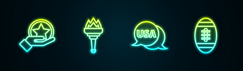 Set line USA Independence day, Torch flame, label and American Football ball. Glowing neon icon. Vector