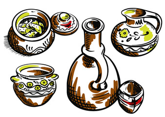 Vector set of Moldavian national dishes: a pot of potatoes, a bottle of wine, a jug of sour cream, a pot with a pattern