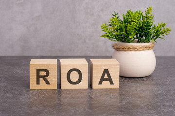 the ROA letters is written on wooden cubes on a gray background. close-up of wooden elements. In the black background is a green flower.