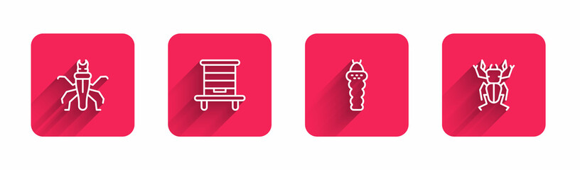 Set line Termite, Hive for bees, Larva insect and Beetle deer with long shadow. Red square button. Vector
