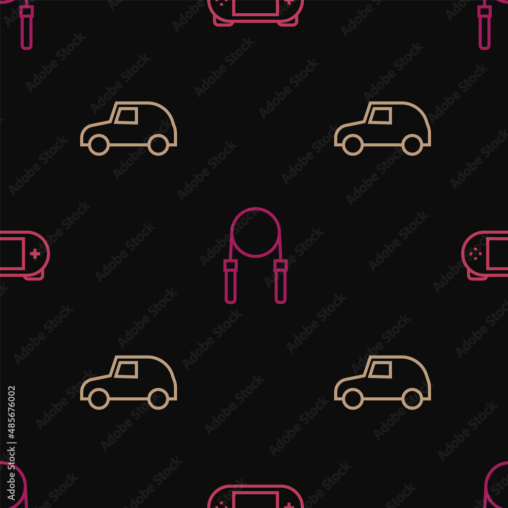 Poster set line portable video game console, toy car and jump rope on seamless pattern. vector