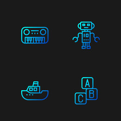 Set line ABC blocks, Toy boat, piano and Robot toy. Gradient color icons. Vector