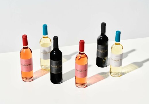 Group Of Six Bottles Of Wine Mockup