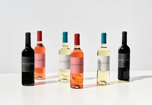 Group of  Six Red and Rose and White Wine Bottles Mockup