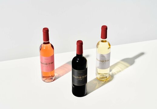 Group of Three Bottles of Wine Mockup