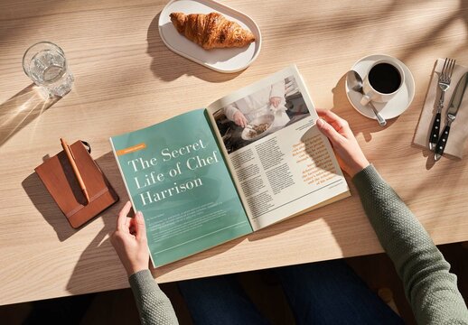 Reading A4 Magazine Mockup on Wooden Table and Sun Light