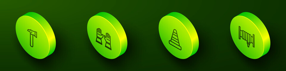 Set Isometric line Firefighter axe, gloves, Traffic cone and hose reel icon. Vector