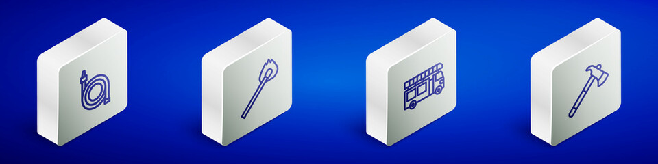 Set Isometric line Fire hose reel, Burning match with fire, truck and Firefighter axe icon. Vector