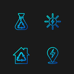 Set line Lightning bolt, Eco House with recycling, Garbage bag recycle and Solar energy panel. Gradient color icons. Vector