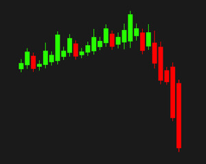 Stock market crash - candlestick diagram and chart and rapid fall, collapse, downfall and breakdown of value and price. Economic and financial crisis. Vector illustration.
