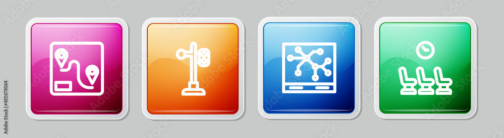 Poster set line route location, train traffic light, railway map and waiting room. colorful square button. 