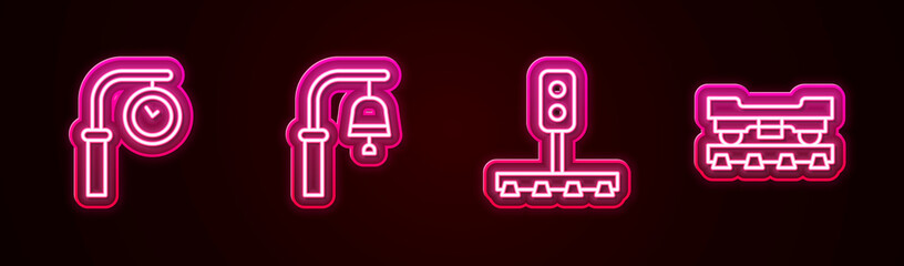 Set line Train station clock, bell, traffic light and Cargo train wagon. Glowing neon icon. Vector